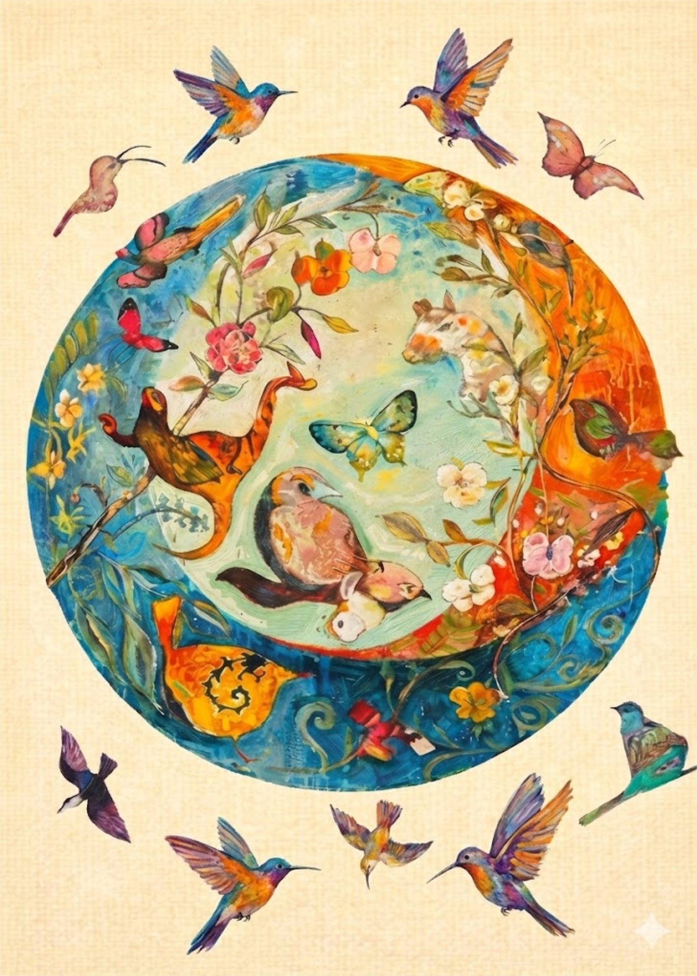 A painted circular scene of animals, plants, and birds surrounding a natural ecosystem.